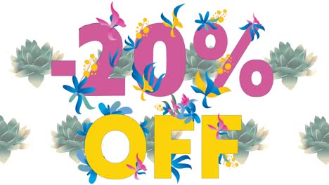 animation of 20 percent off text over flowers in background