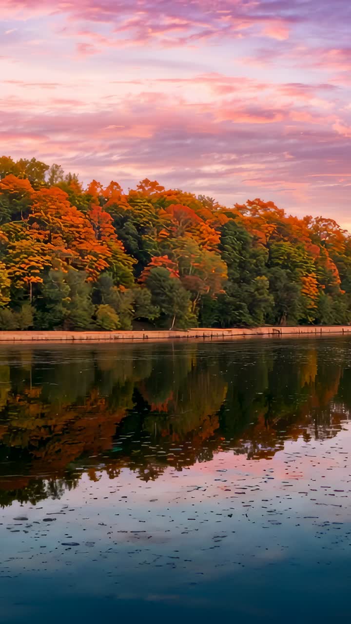 Vertical video: Panning camera revealing treeline reflection and embankment at dusk, capturing sky