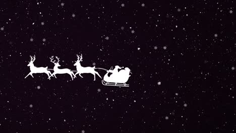 Animation-Des-Weihnachtsmanns-Im-Schlitten-Mit-Rentieren-über-Schnee,-Der-Auf-Schwarzem-Hintergrund-Fällt