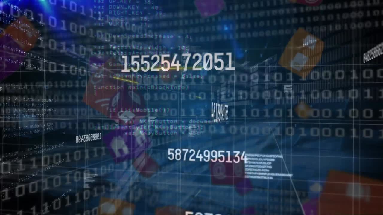 animación del procesamiento de datos e iconos sobre fondo negro