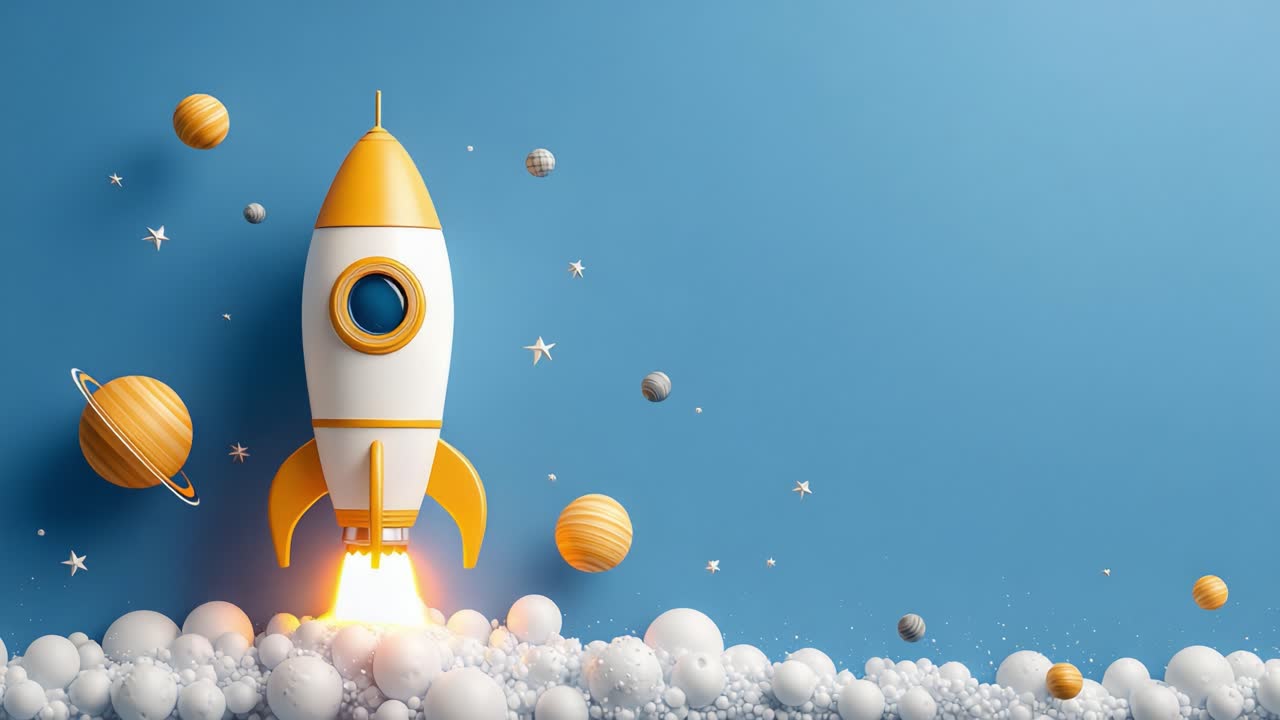 A Vibrant Rocket Launch Amidst Whimsical Space Elements, Showcasing the Fusion of Adventure and Imagination in a Celestial Background with Colorful Planets