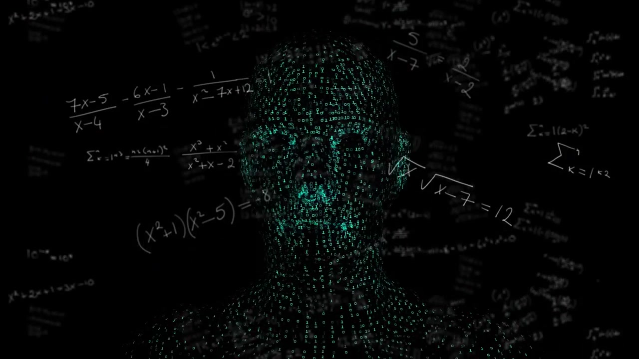 Digital Human Head Formed by Binary Code with Floating Mathematical Equations