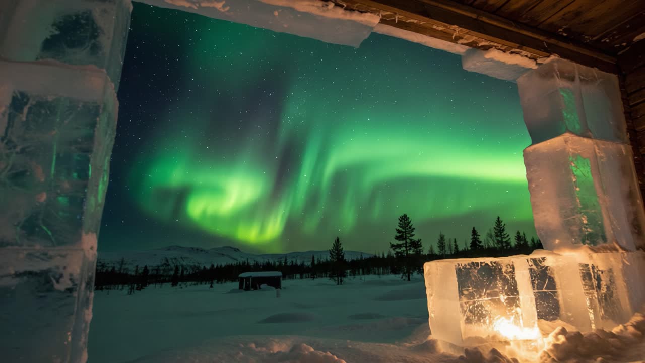 Breathtaking Display of Aurora Borealis Framed by Ice Blocks in a Serene Winter Landscape, Illuminating the Night Sky with Ethereal Colors