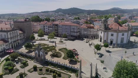 City-of-Barcelos-,-Drone-shot-in-4k,-Largo-da-Porta-Nova,-Barcelos,-Portugal-aerial-shot