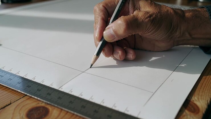 Placing metal ruler, right-hand drawing lines on white paper at workbench, cuff and finishing grid