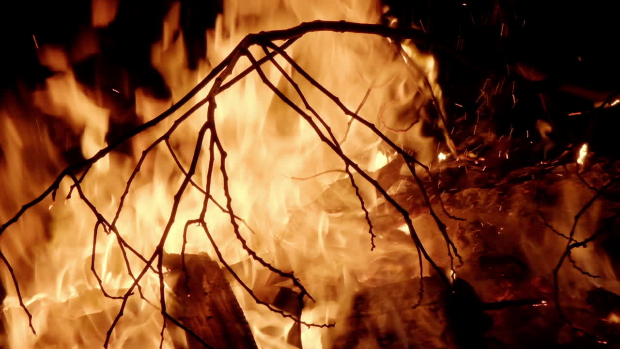 A campfire burning in the night, intense fire flames enveloping wooden branches