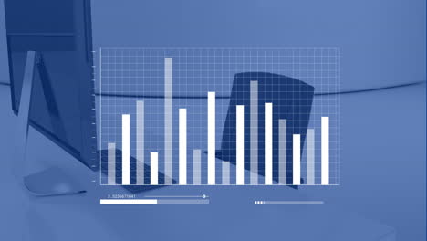 animation of digital data processing over computer on desk in office