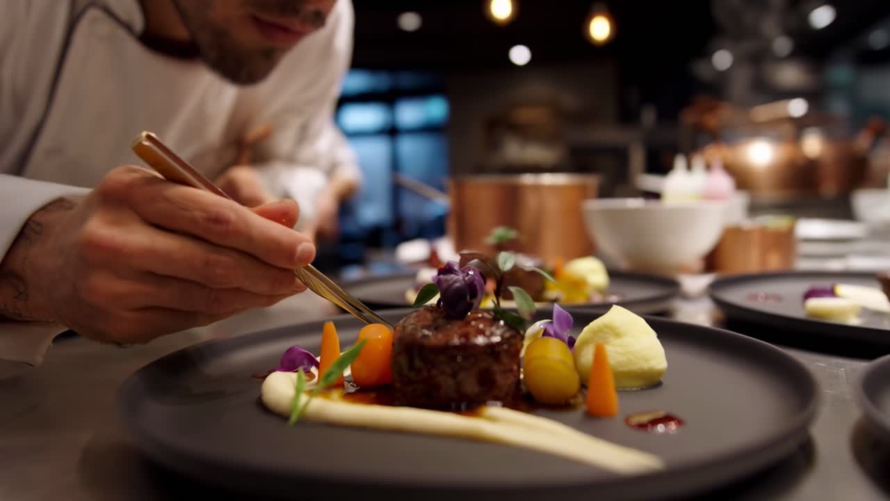 Nærbillede af en kok, der anretter gourmetmad med præcision og viser kulinarisk kunst.