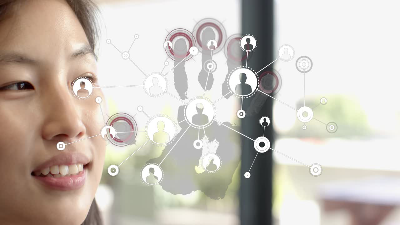 Woman at window watching UI appearing, causing handprint and network nodes mapping cheek for tech