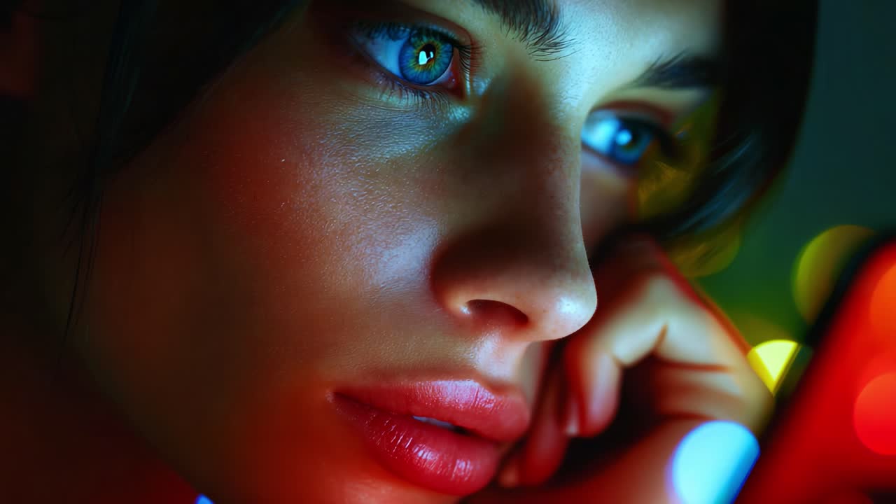 A close-up portrayal of a young woman deeply focused on her smartphone, illuminated by vibrant colors, capturing emotions and intensity in her expression amidst a captivating digital environment