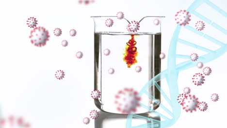 dna structure and covid-19 cells against liquid falling in a beaker