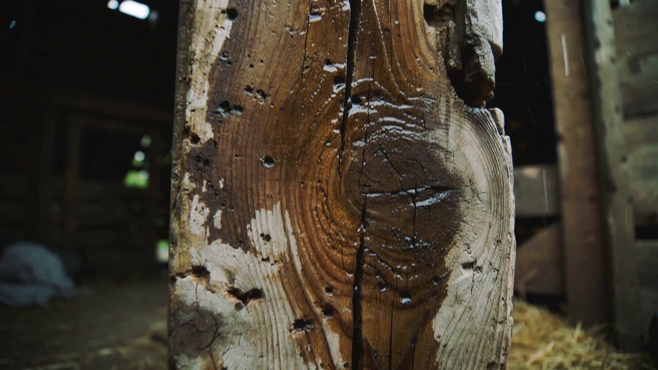 Palo di legno con una perdita che inizia vicino alla cima, mostrando striature e gocce che si allargano cadendo nel fienile