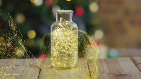 Glowing yellow particles animation over jar with lights on wooden surface