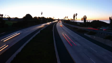 wide angle time lapse with motion of morning rush hour traffic on the ventura freeway on highway 101 through ventura california