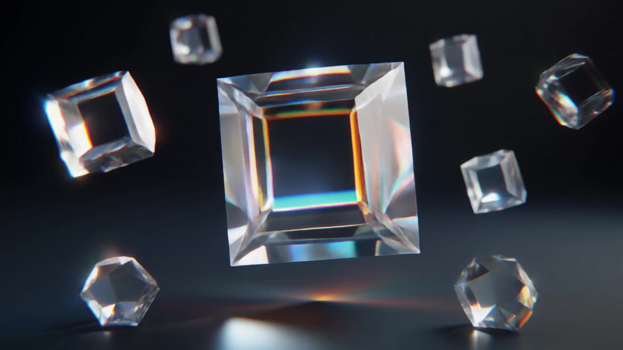 Cubi di vetro trasparenti fluttuanti con rifrazione prismatica della luce.