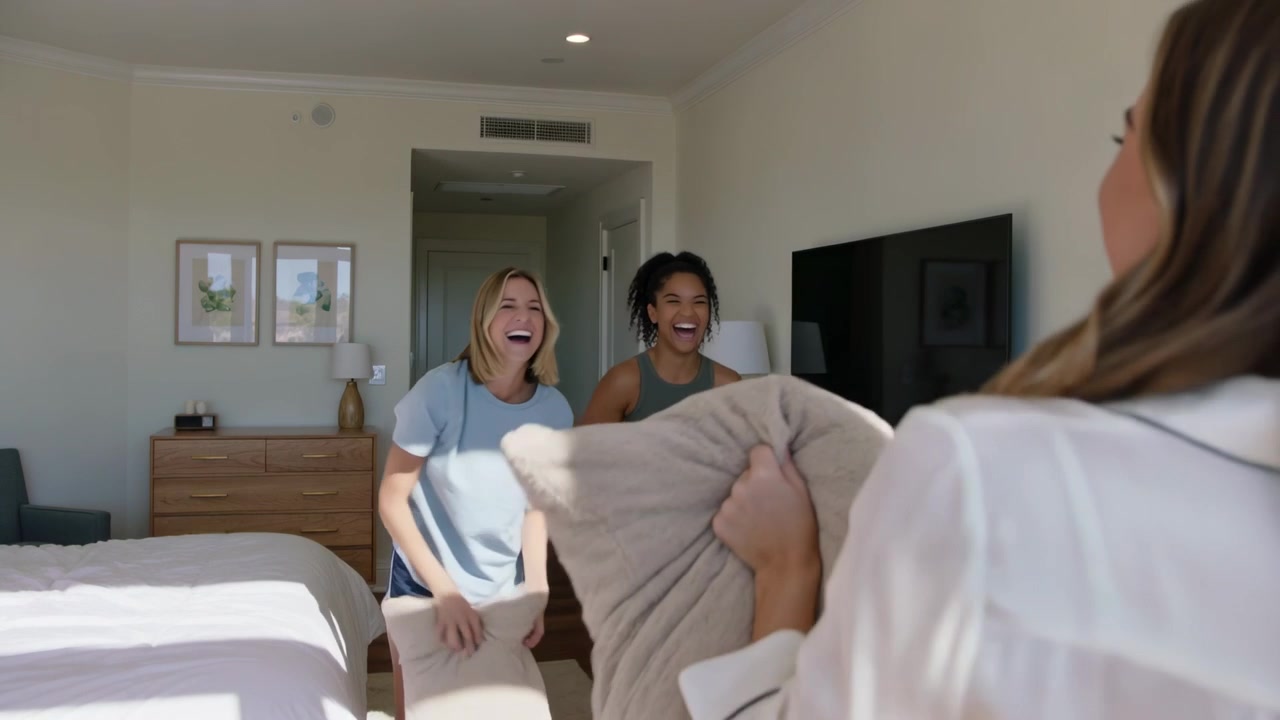 Entrando na suíte do quarto com grandes travesseiros bege, duas mulheres balançando travesseiros na mulher de pijama brincando.