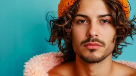 a man with long curly hair wearing a pink towel