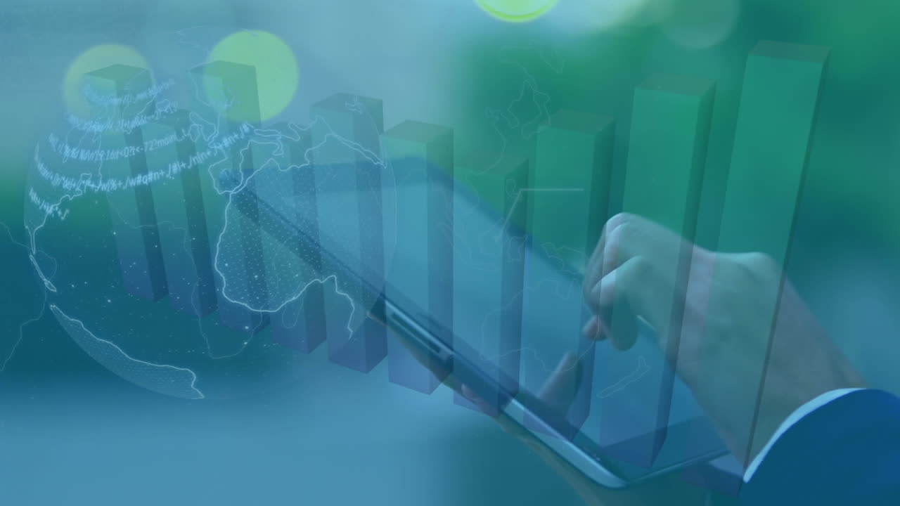 animación del globo y procesamiento de datos sobre un hombre de negocios que usa una tableta