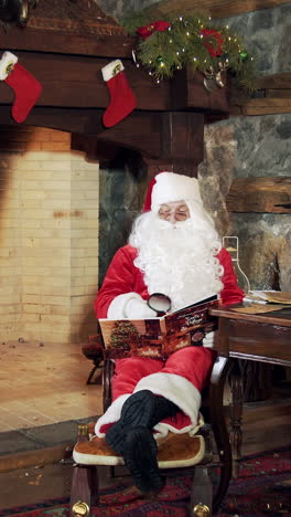 santa on the background of christmas decorated room. cheerful santa is reading a book while sitting in the chair at home. christmas concept. vertical video