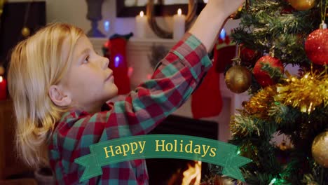 animation of season's greetings text over caucasian boy and christmas tree