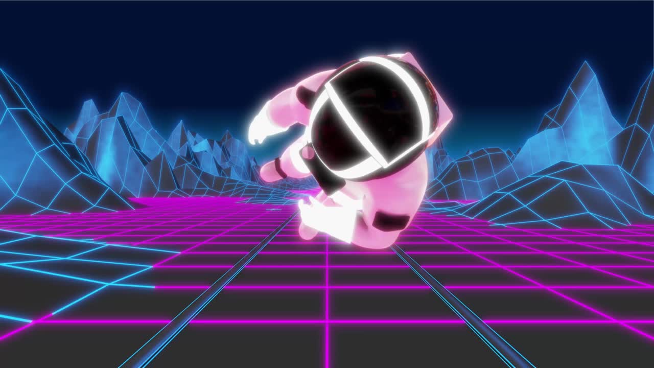 우주비행사가 날아다니며 손바닥, 나무, 산과 함께 그리드 풍경을 회전합니다. 80년대 스타일의 sf 배경. 비디오 게임 개념. 가상 현실.