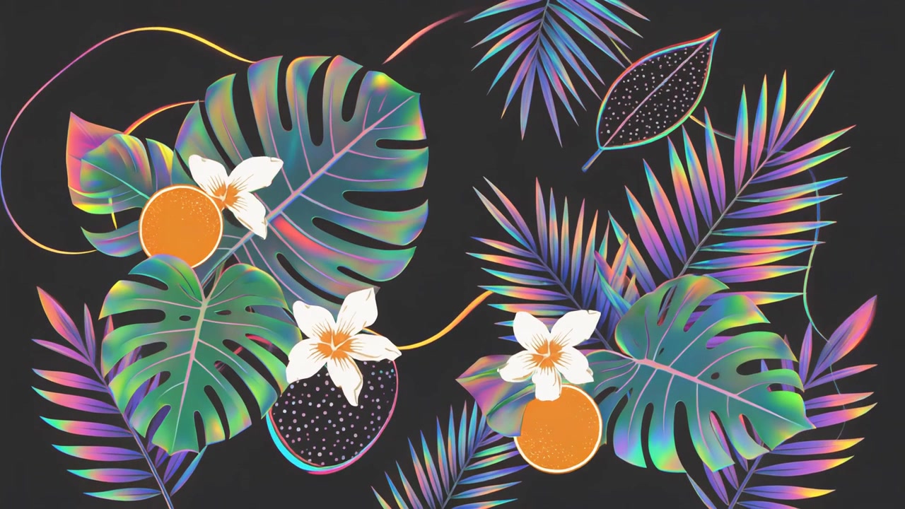 Holographic Tropical Leaves and Flowers Pattern Animation