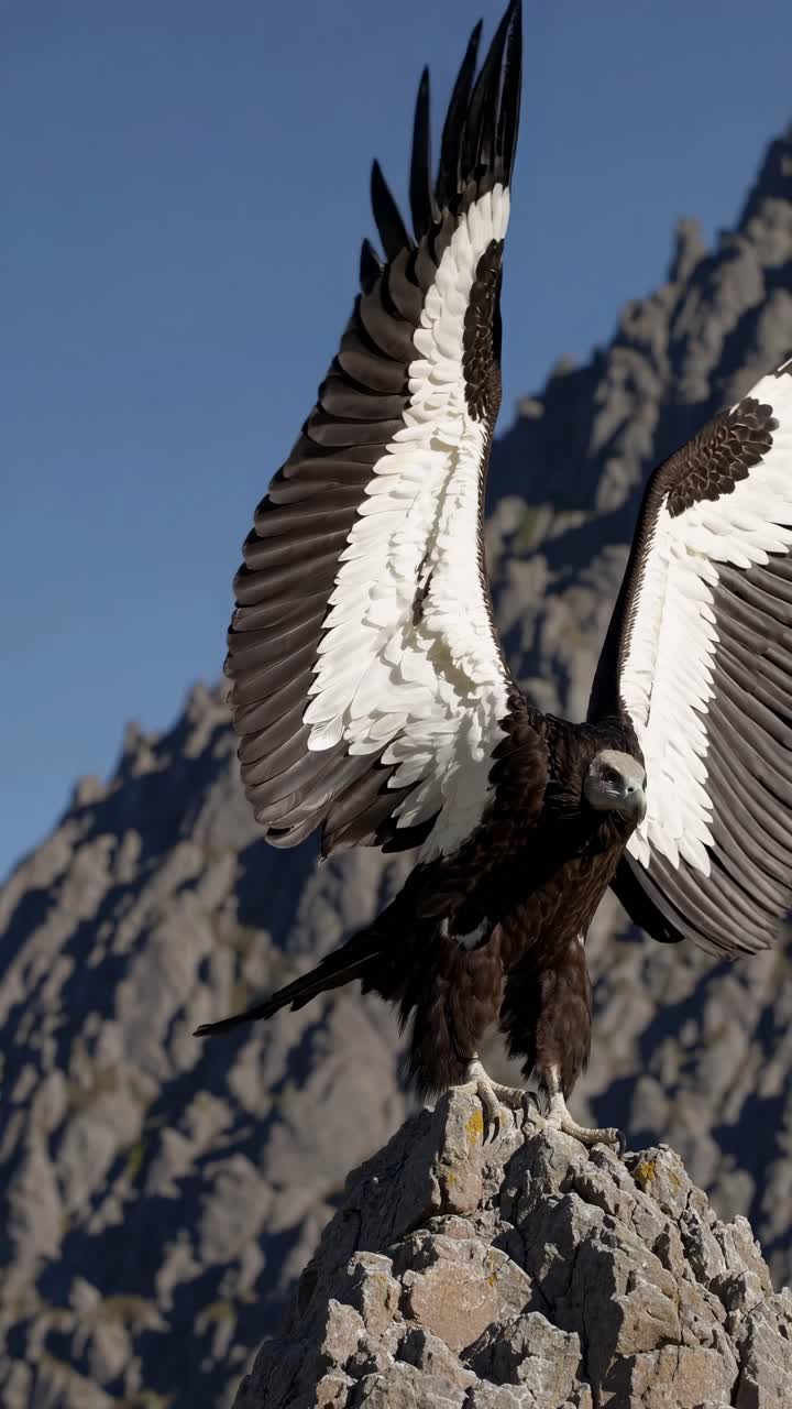 A majestic eagle perched on a rocky peak, captured from a low-angle shot