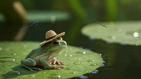 a charming frog enjoys a sunny day on a lily pad, wearing a stylish straw hat while delicately watching dragonflies hover above its head