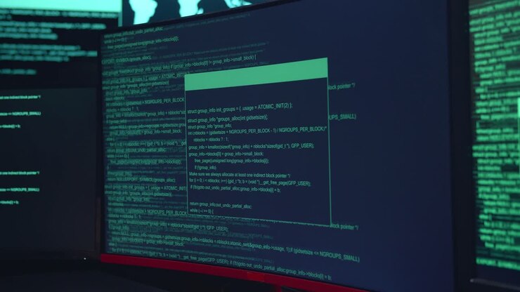 Kode på flere computerskærme, cyberangreb