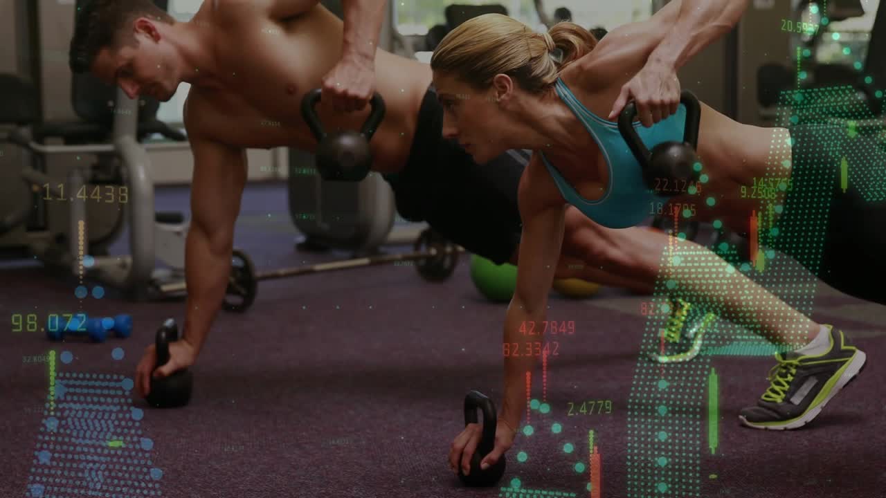 Partners starting plank doing kettlebell rows in gym with animated graphs tracking core strength