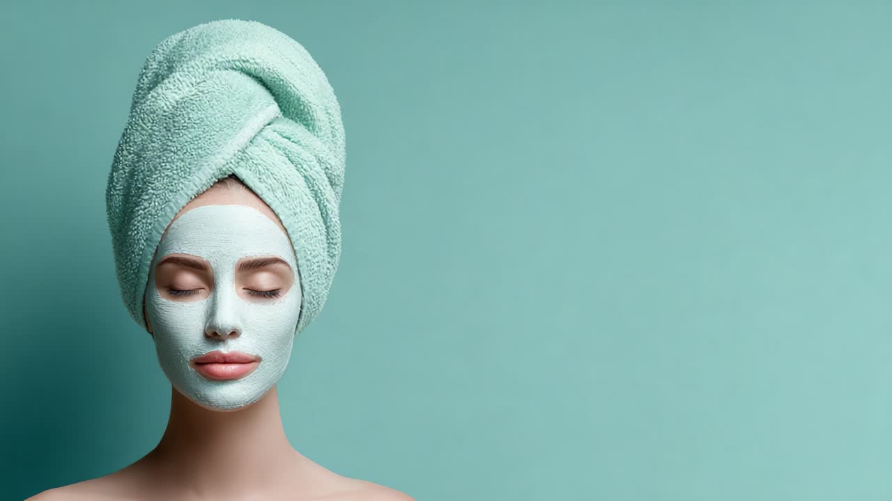 Entspannung und Selbstfürsorge: Eine Frau gönnt sich eine verwöhnende Gesichtsbehandlung mit einer erfrischenden Maske auf dem Gesicht, eingewickelt in ein weiches Handtuch vor einem ruhigen Aqua-Hintergrund.