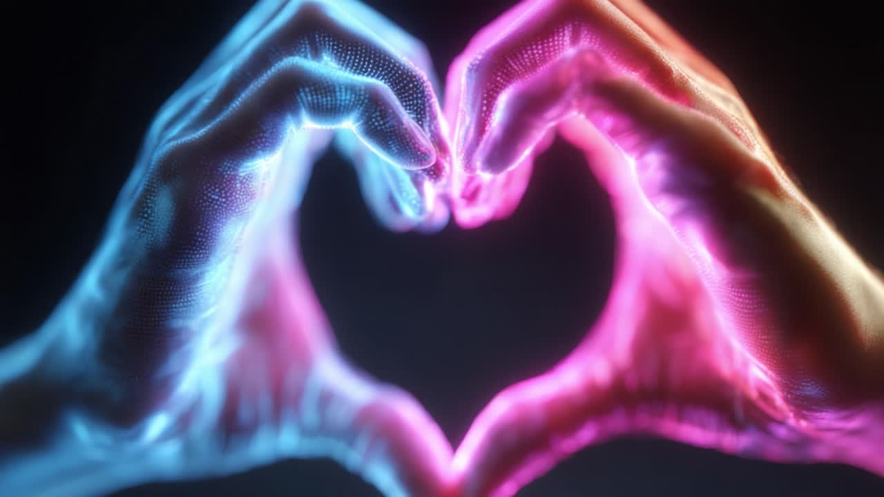 A Stunning Visual of Love Captured in a Heart Shape Formed by Two Vibrant Hands Emitting a Beautiful Neon Glow of Blue and Pink Colors in a Dark Background