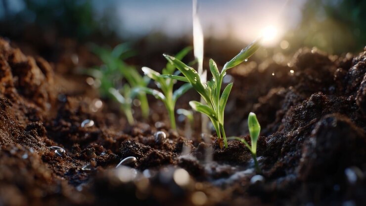 Vibrant Green Seedlings Emerging From Rich Brown Soil Under Soft Sunrise Light, Capturing the Essence of Nature's Renewal and Growth Process in a Vibrant Landscape