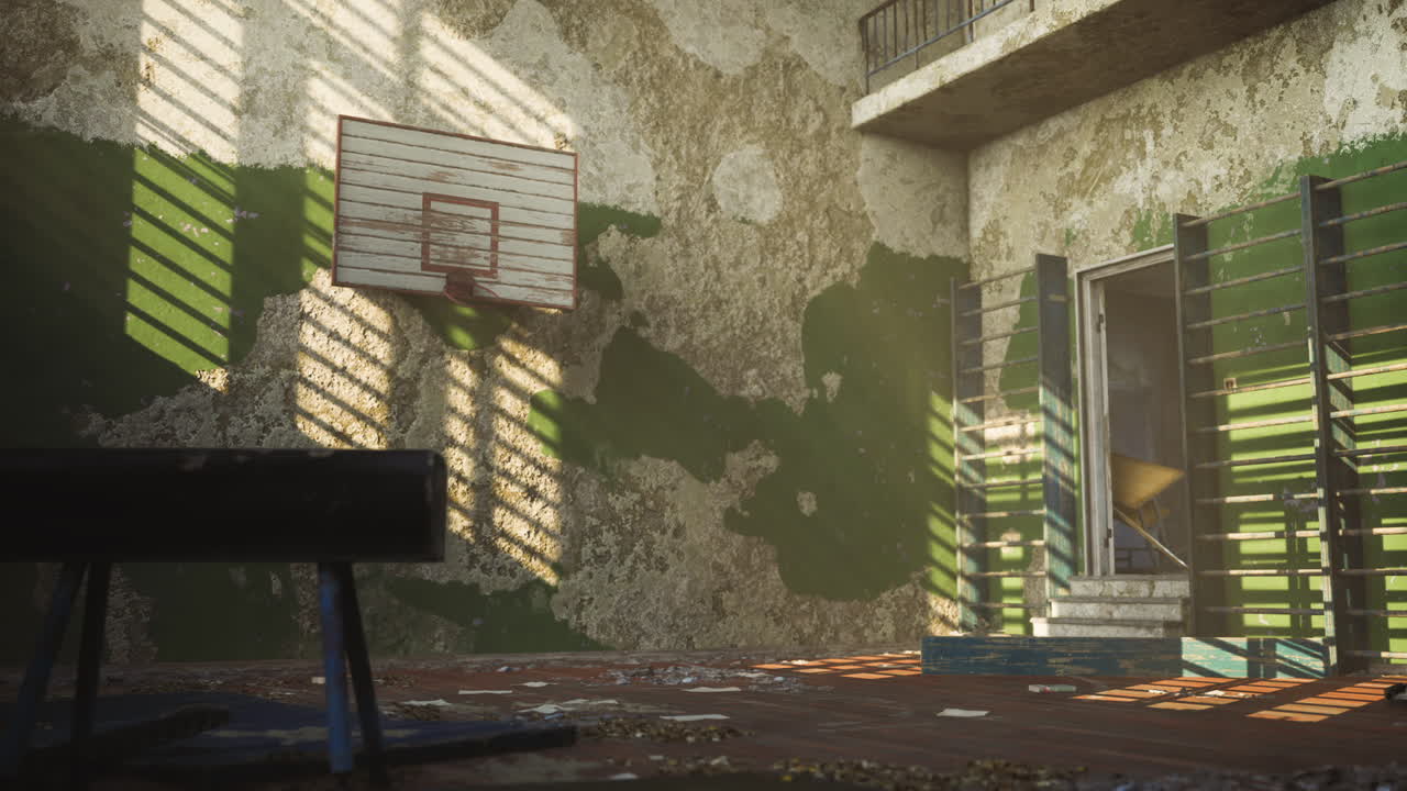 Abandoned basketball court with peeling walls and sunlight streaming through