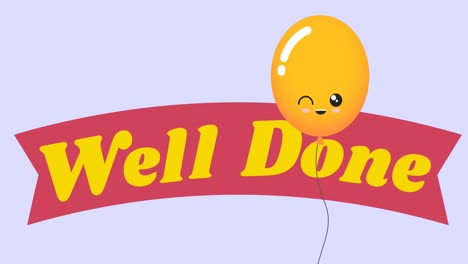 Animation-of-well-done-text-over-orange-balloon-on-blue-background