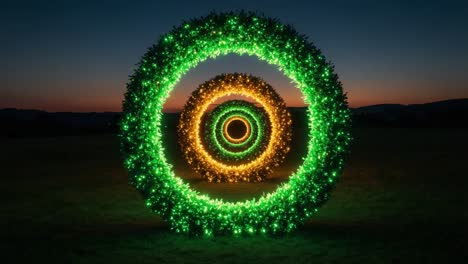Illuminated Rings of Light: A Beautiful Display of Colorful LED Circles Set Against a Twilight Sky, Capturing the Magic of Evening Glow in Nature