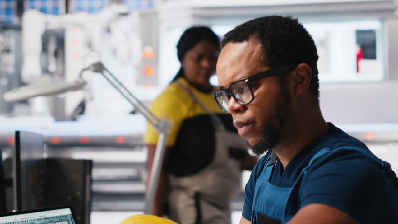 Vertical Video African american engineer manages data from solar machinery on desktop
