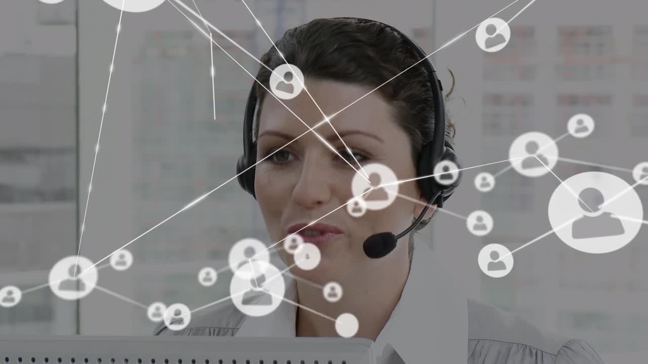 Animation of network of connections and icons over businesswoman wearing headset