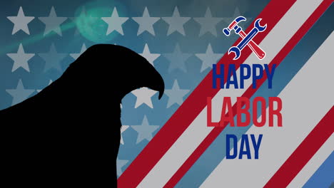 animation of happy labor day text and tools, with eagle silhouette over american flag elements