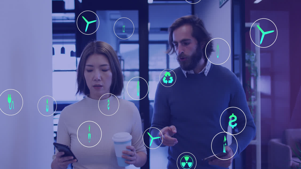 animación de iconos de ecología sobre diversas personas de negocios caminando y hablando