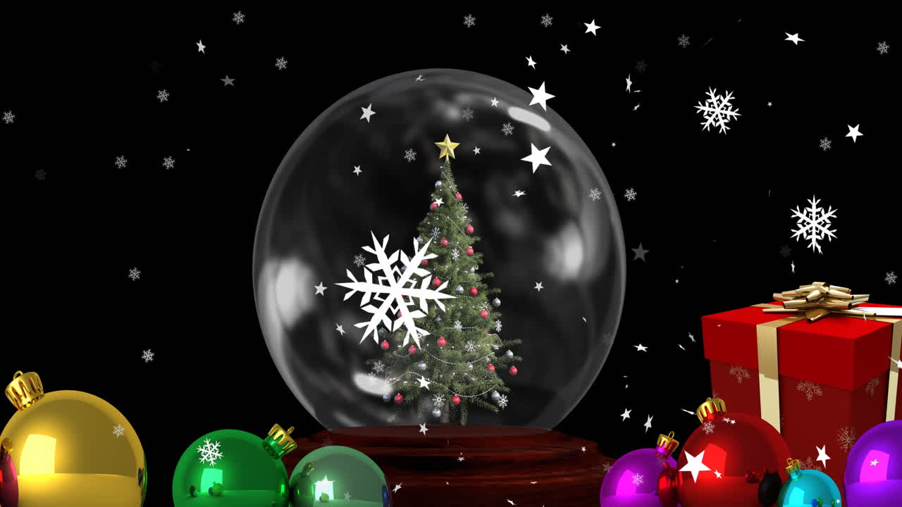 animación de copos de nieve cayendo sobre el árbol de navidad en globo de nieve, regalo y decoraciones
