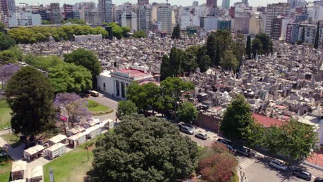 aerial orbit of recoleta cemetery on a sunny day, sunny spring day, argentina