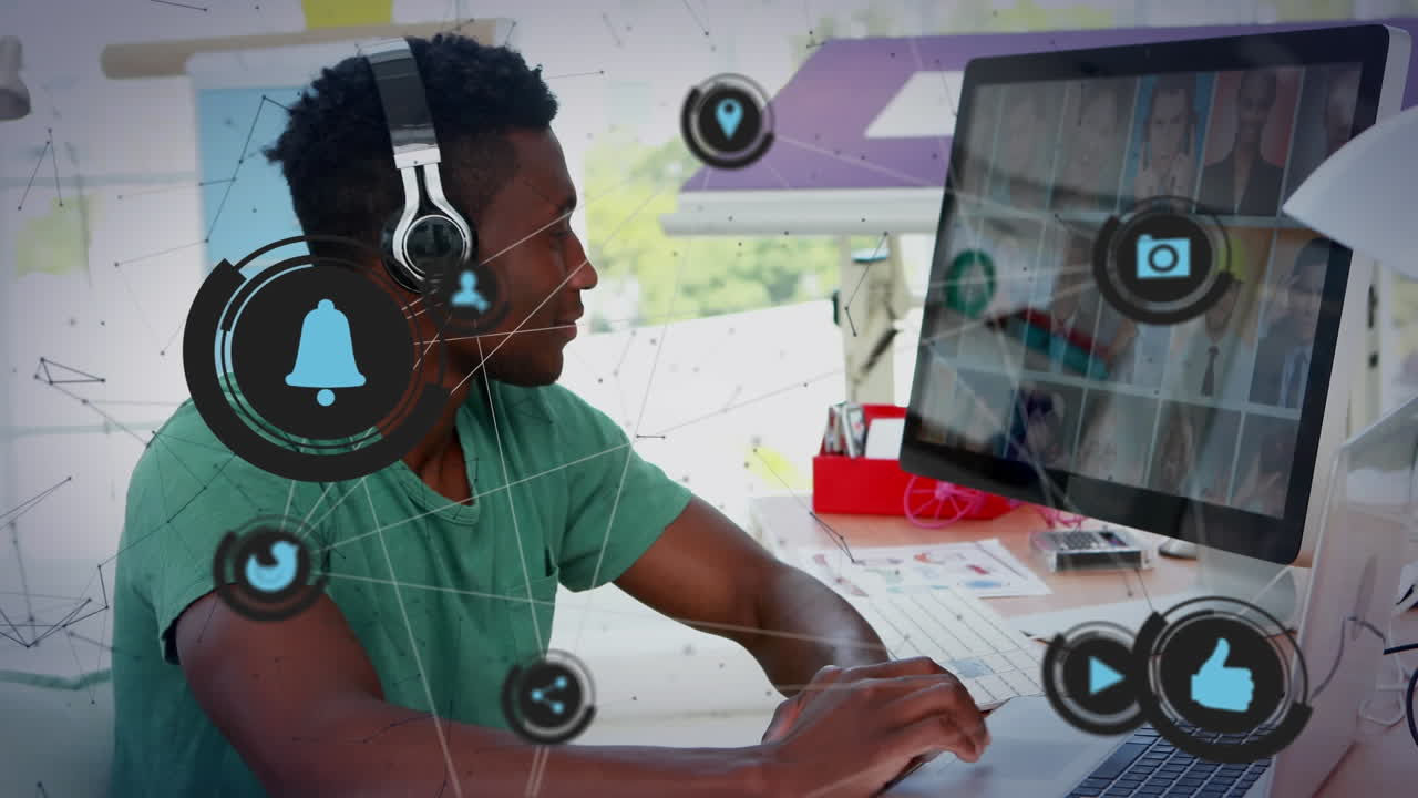 Animation of network of connections with icons over businessman