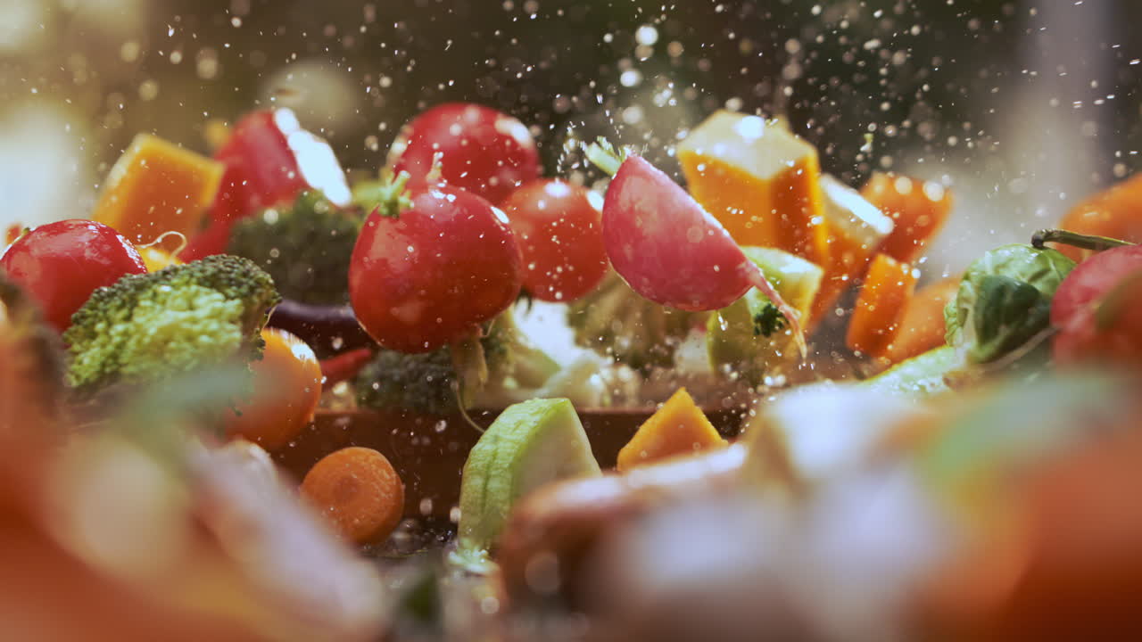 verduras recién picadas con salpicaduras de agua