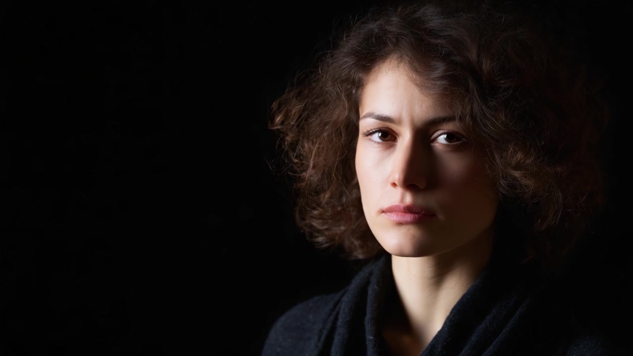 Un momento contemplativo catturato in un sorprendente ritratto ravvicinato di una donna con tratti espressivi e capelli ricci su uno sfondo scuro, che evoca profonde emozioni e introspezione.
