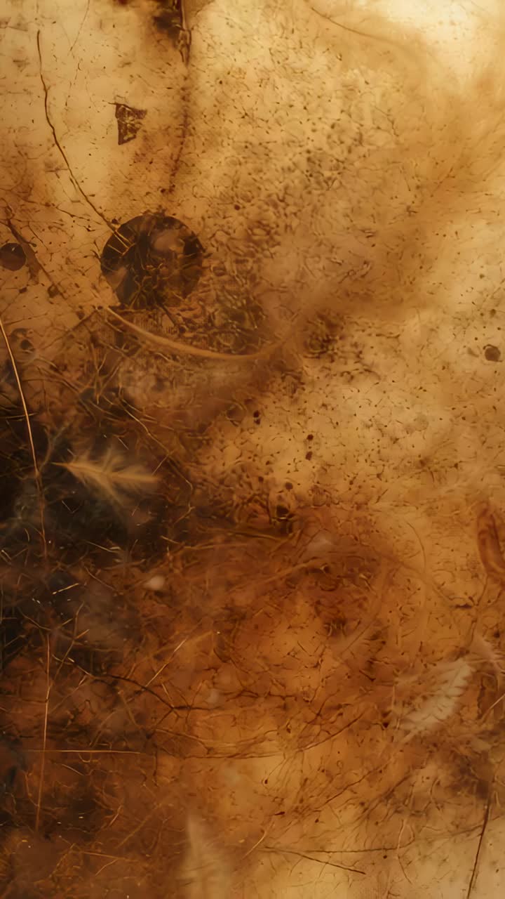 Vertical video: Camera panning over dirty glass in macro, revealing washer, hair, feather for study