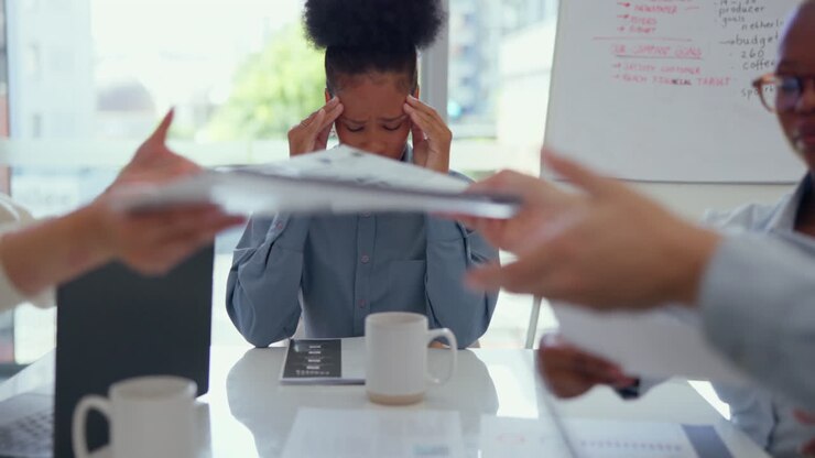 Burnout, stress and black woman with a headache