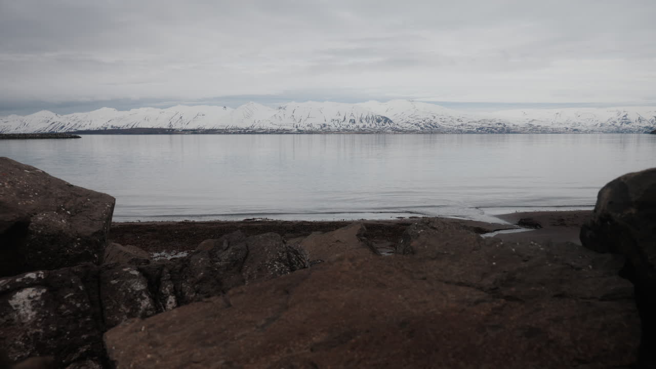 Icelandic Winter Coastline with Snowy Mountains