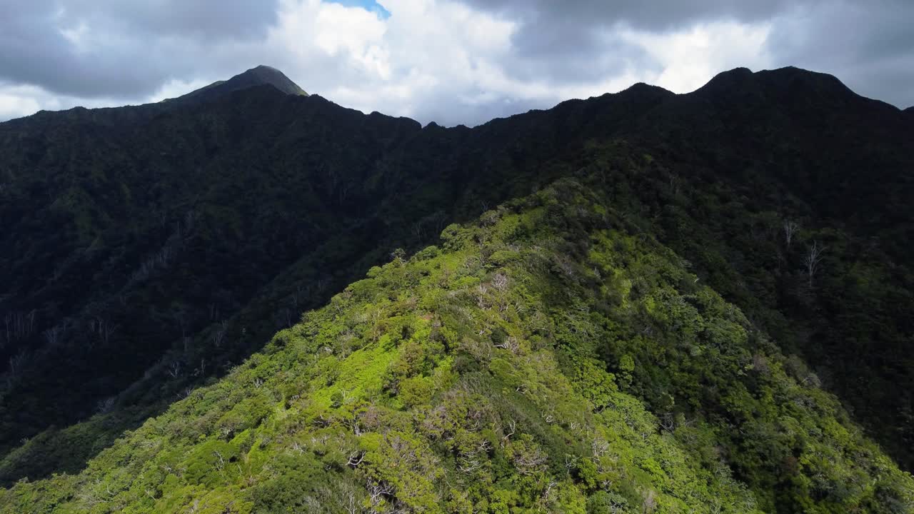 AERIAL Shot of Moody Mountain Ridge in the Jungles of Oahu, Hawaii