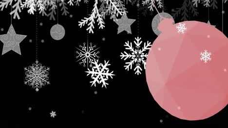 Animation-of-snow-falling-over-bauble-at-christmas
